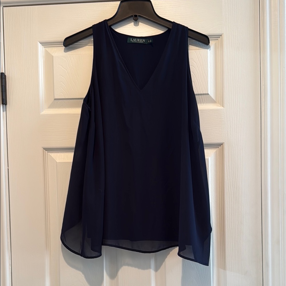 RALPH LAUREN Navy Sheer Back Slit Sleeveless Women's Blouse, Size Medium